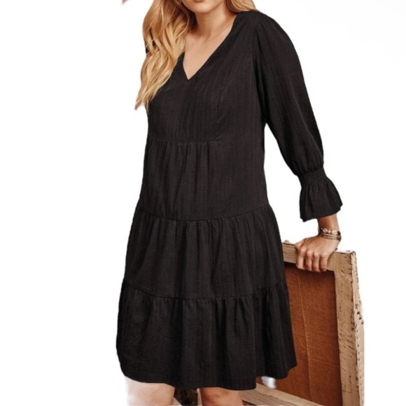 J. Jill Dresses & Skirts - NEW J. Jill Black Tiered Smock Bell Sleeve Swing Fit Knee Length Dress Size 2X
